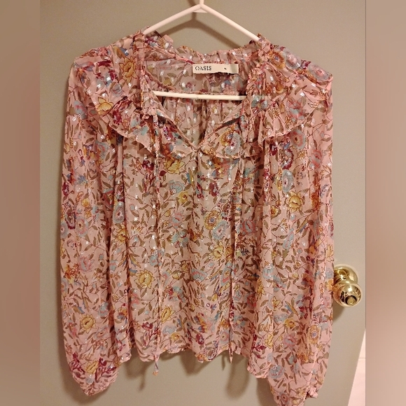 Oasis Floral Ruffle Blouse -pink And Gold Accents - Picture 7 of 15